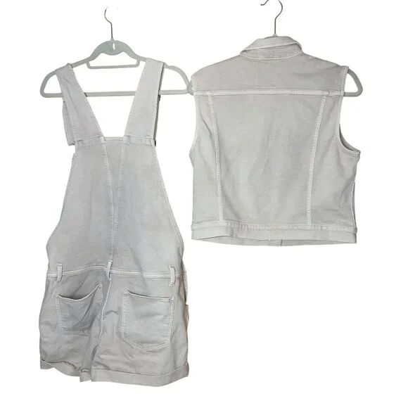 Calvin Klein Womens Overalls Vest Set Beige Size Large Cuffed Shorts Bib Y2K - Picture 2 of 15